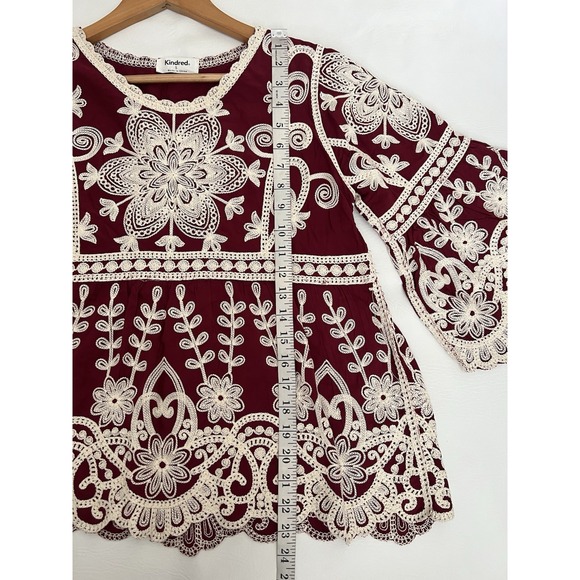 Kindred Burgundy Embroidered Blouse Top Bell Sleeve Small Boho Feminine Casual - Picture 7 of 8
